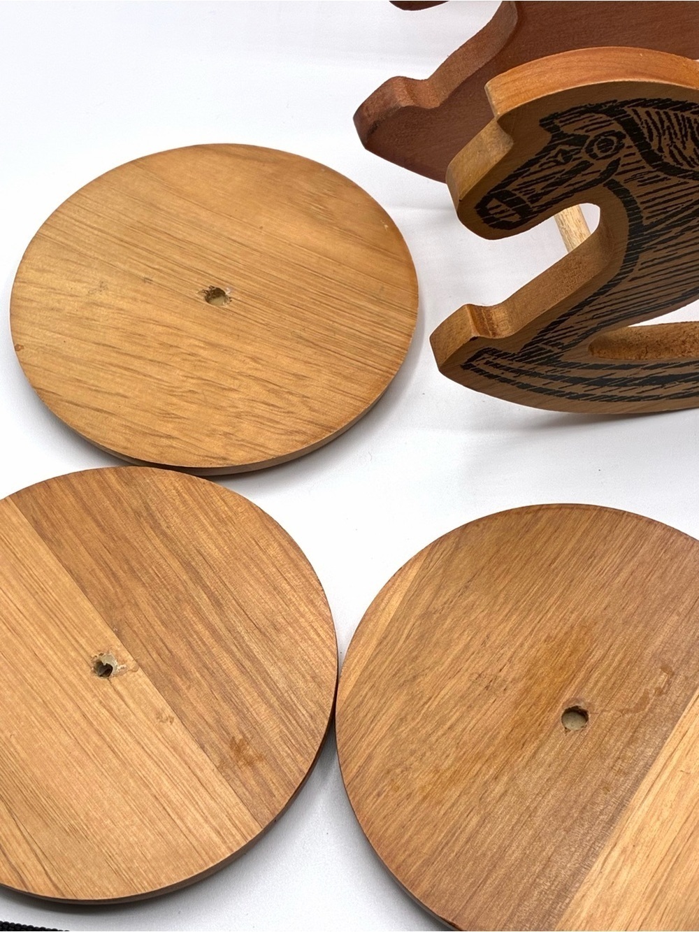 Vintage Via Eclectic Kitchen Rocking Horse Wood Coaster Set Cork 6pc - Picture 13 of 15